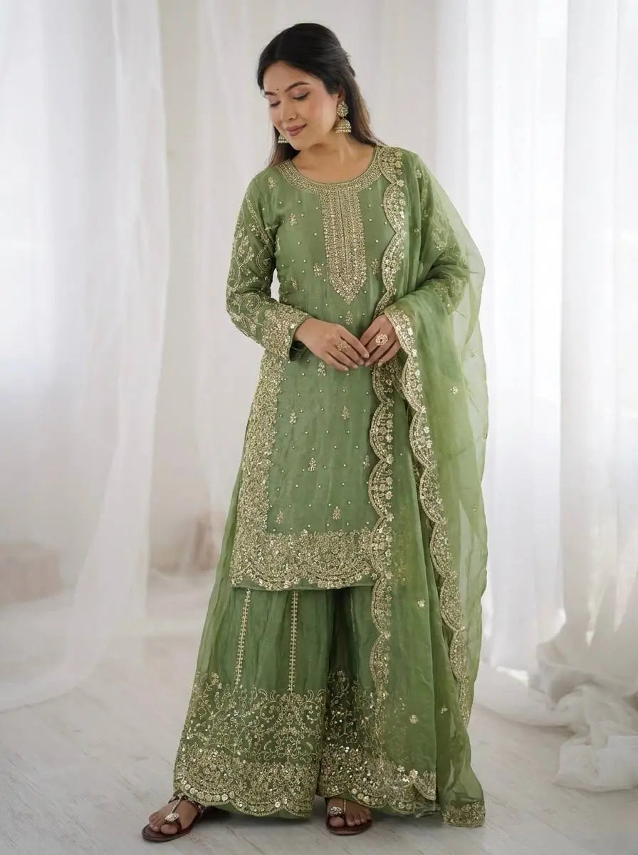 Designer Chinon Silk Embroidered Sharara Set