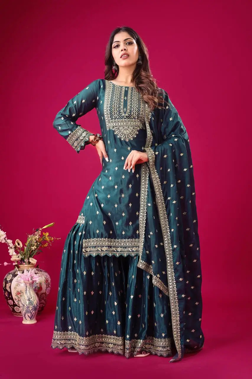 Designer Chinon Silk Embroidered Sharara Set