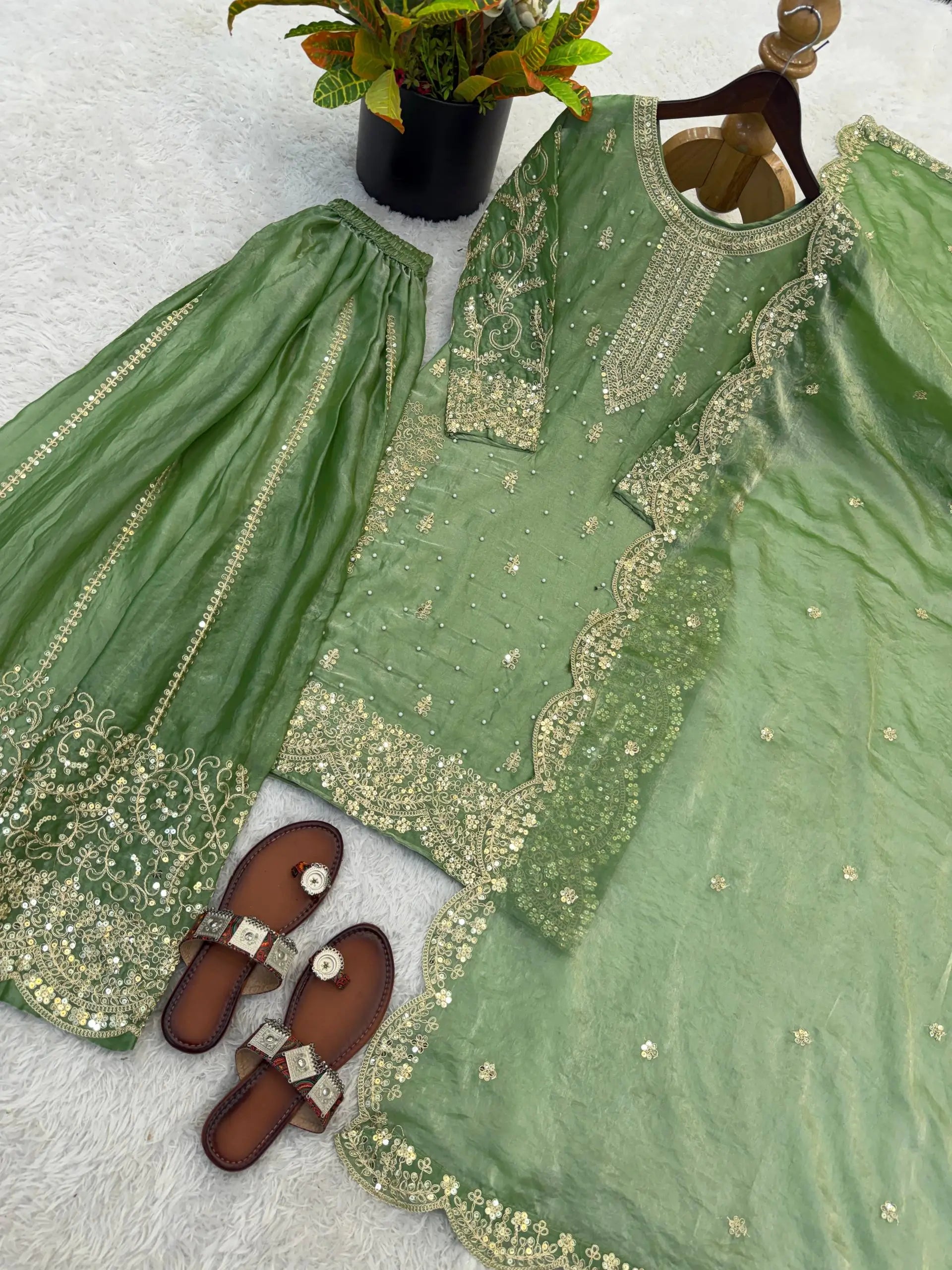 Designer Chinon Silk Embroidered Sharara Set