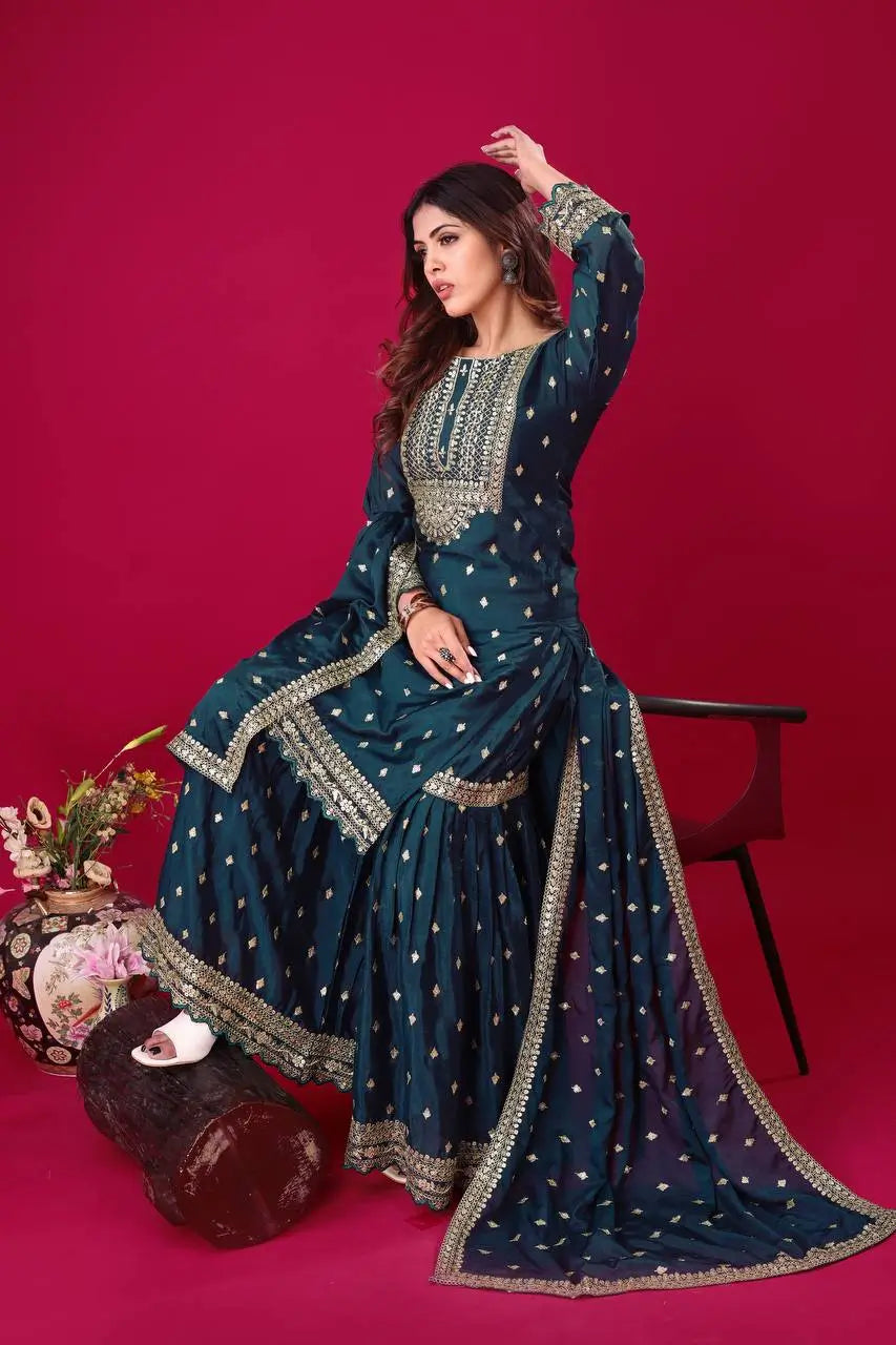 Designer Chinon Silk Embroidered Sharara Set