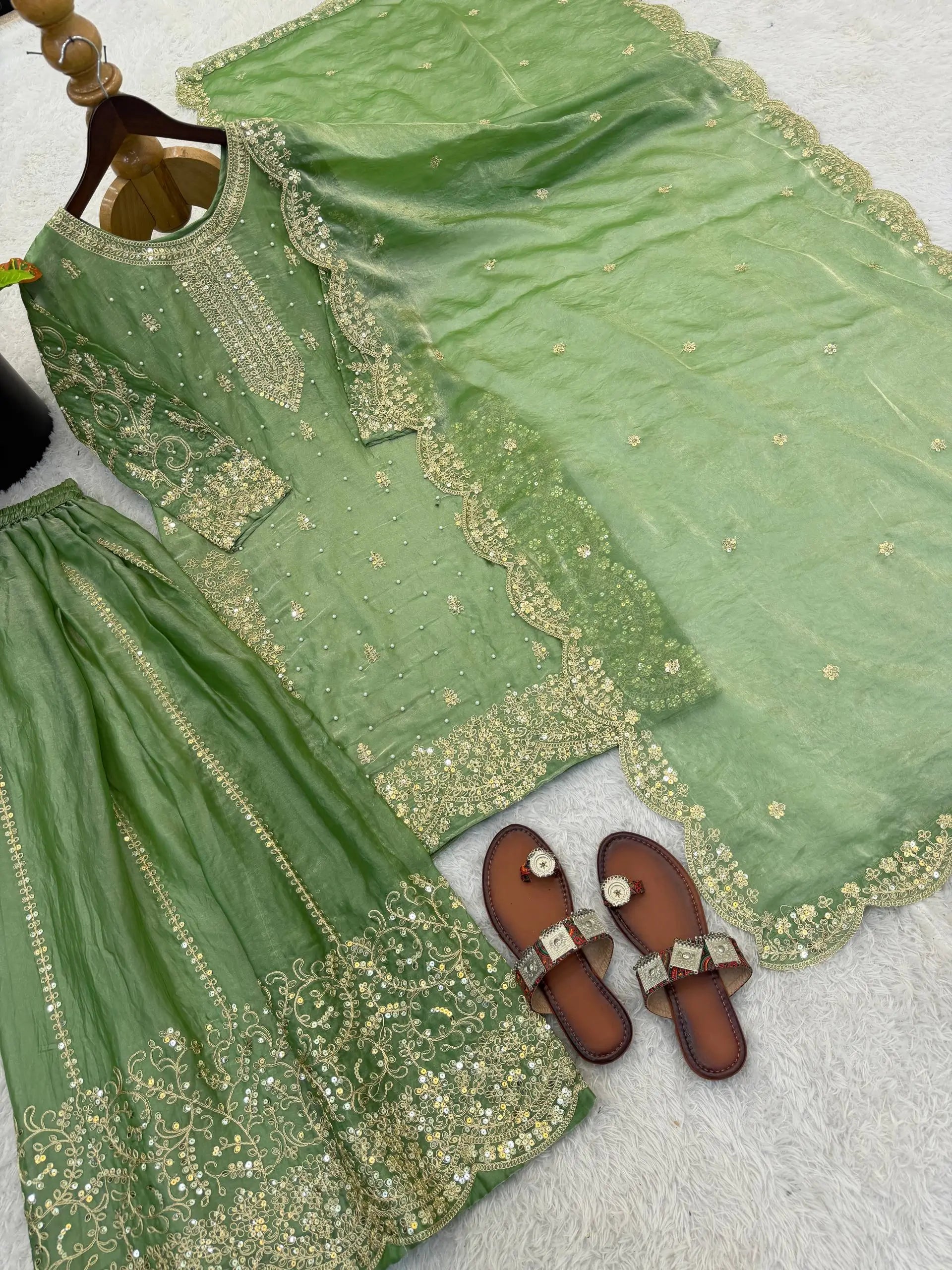Designer Chinon Silk Embroidered Sharara Set