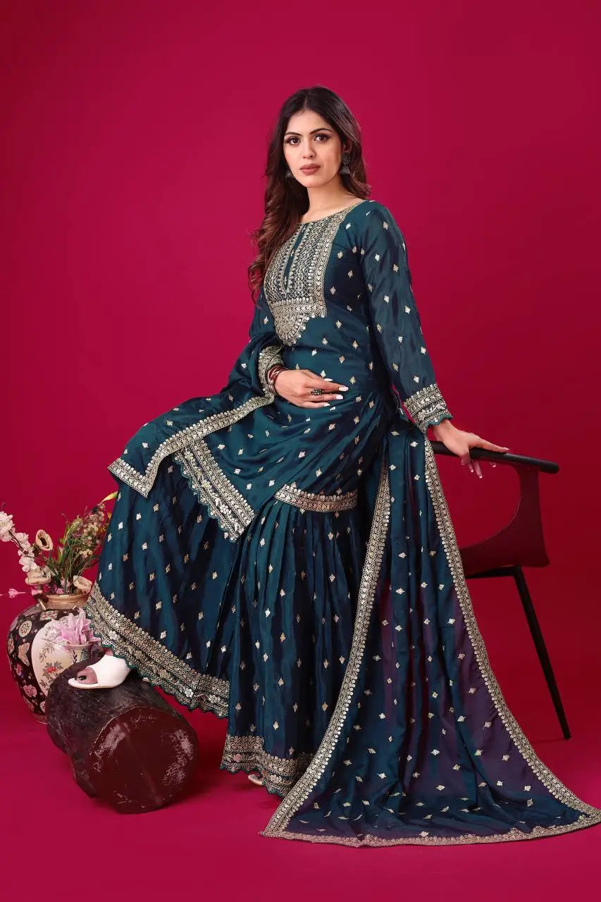 Designer Chinon Silk Embroidered Sharara Set