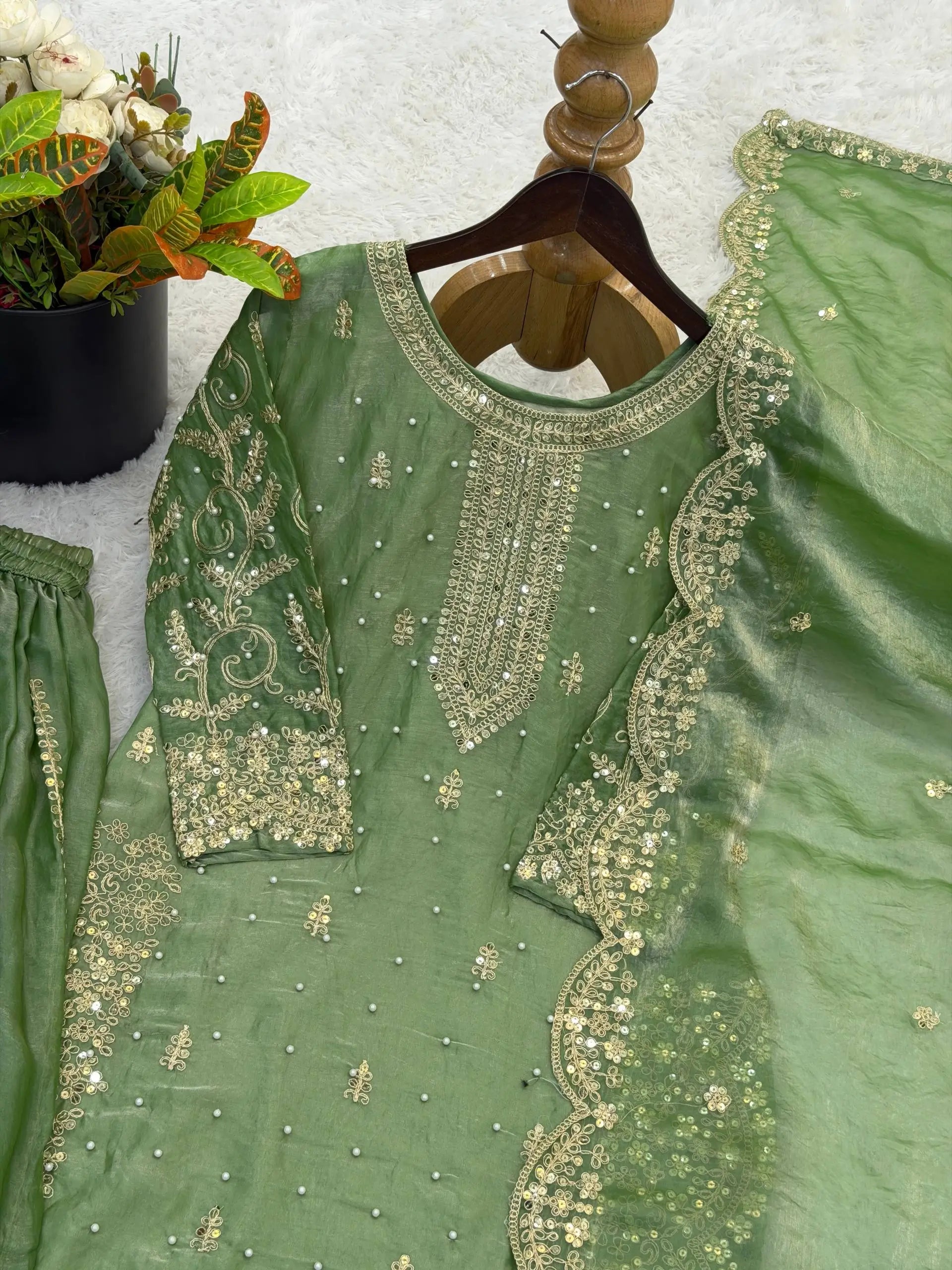 Designer Chinon Silk Embroidered Sharara Set