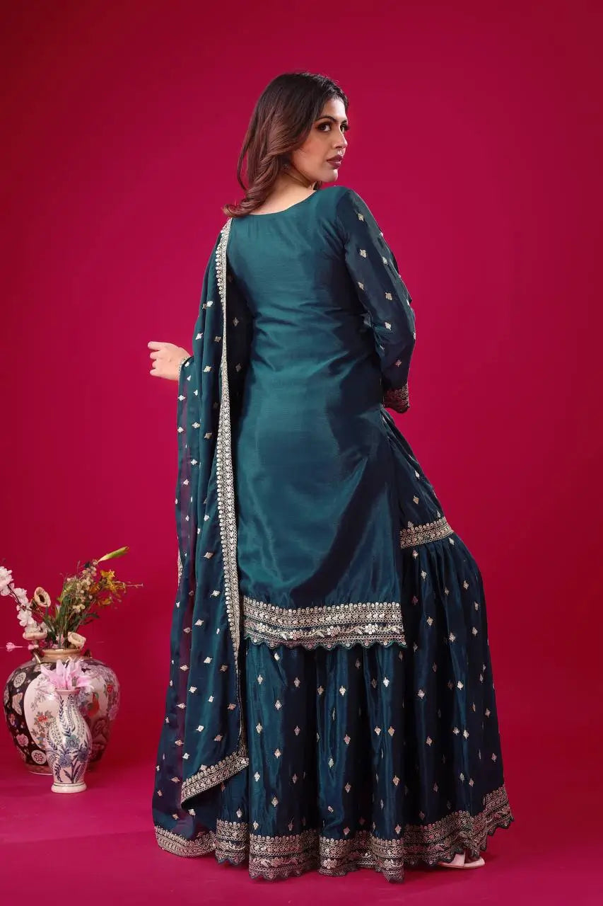 Designer Chinon Silk Embroidered Sharara Set