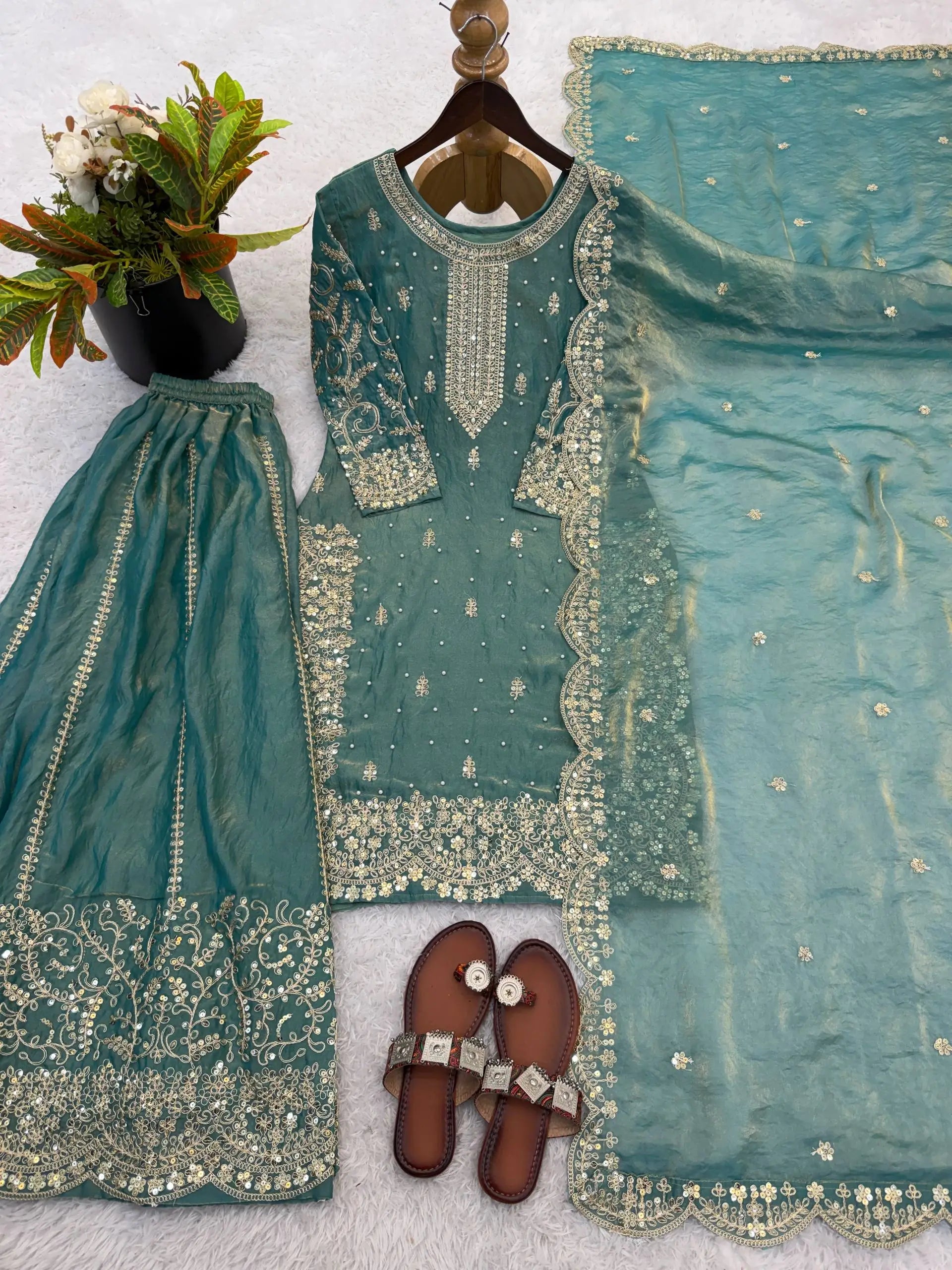 Designer Chinon Silk Embroidered Sharara Set