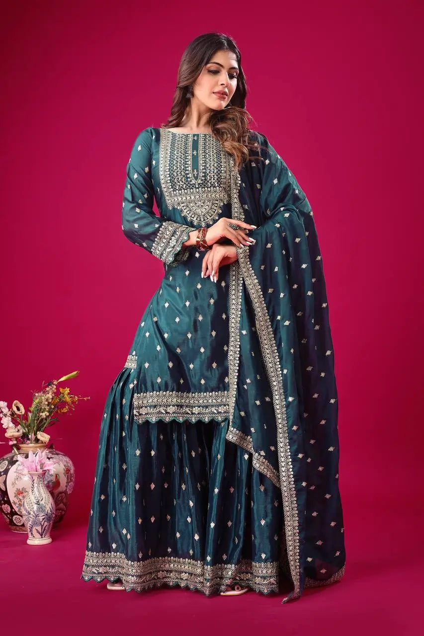 Designer Chinon Silk Embroidered Sharara Set