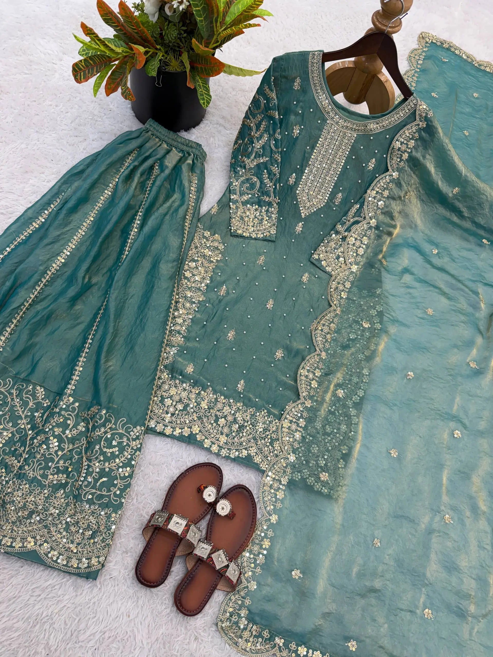 Designer Chinon Silk Embroidered Sharara Set