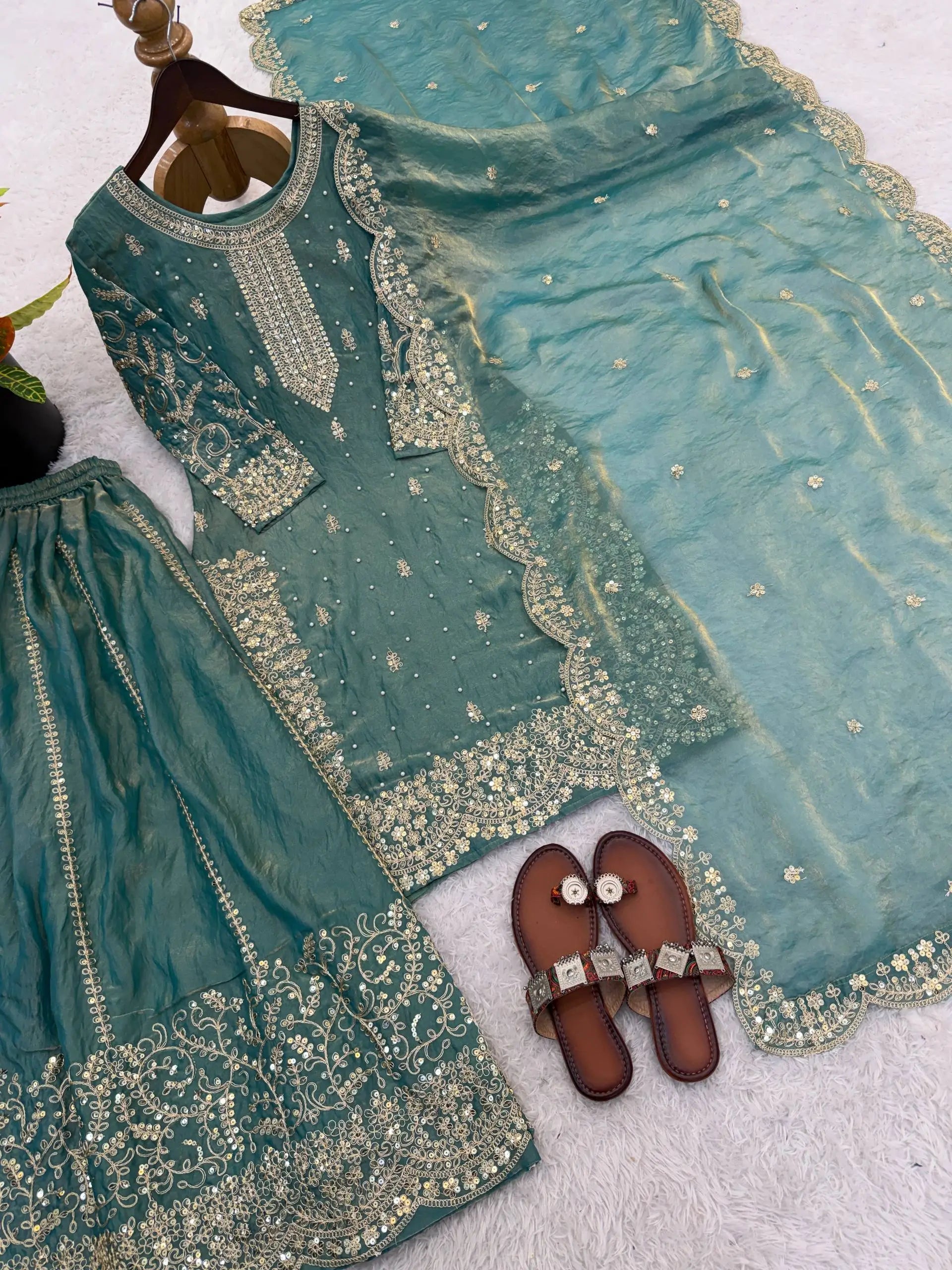 Designer Chinon Silk Embroidered Sharara Set