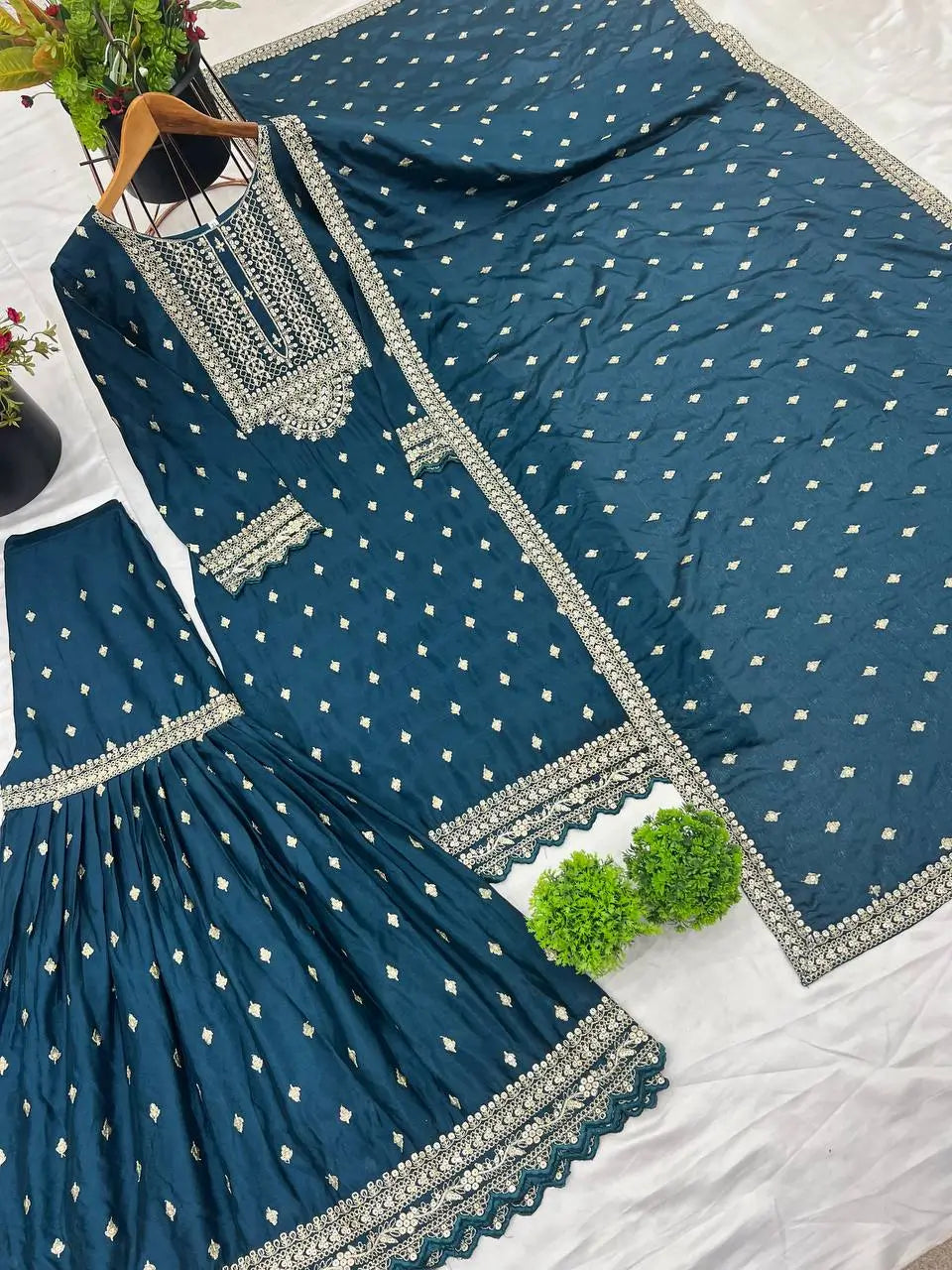 Designer Chinon Silk Embroidered Sharara Set