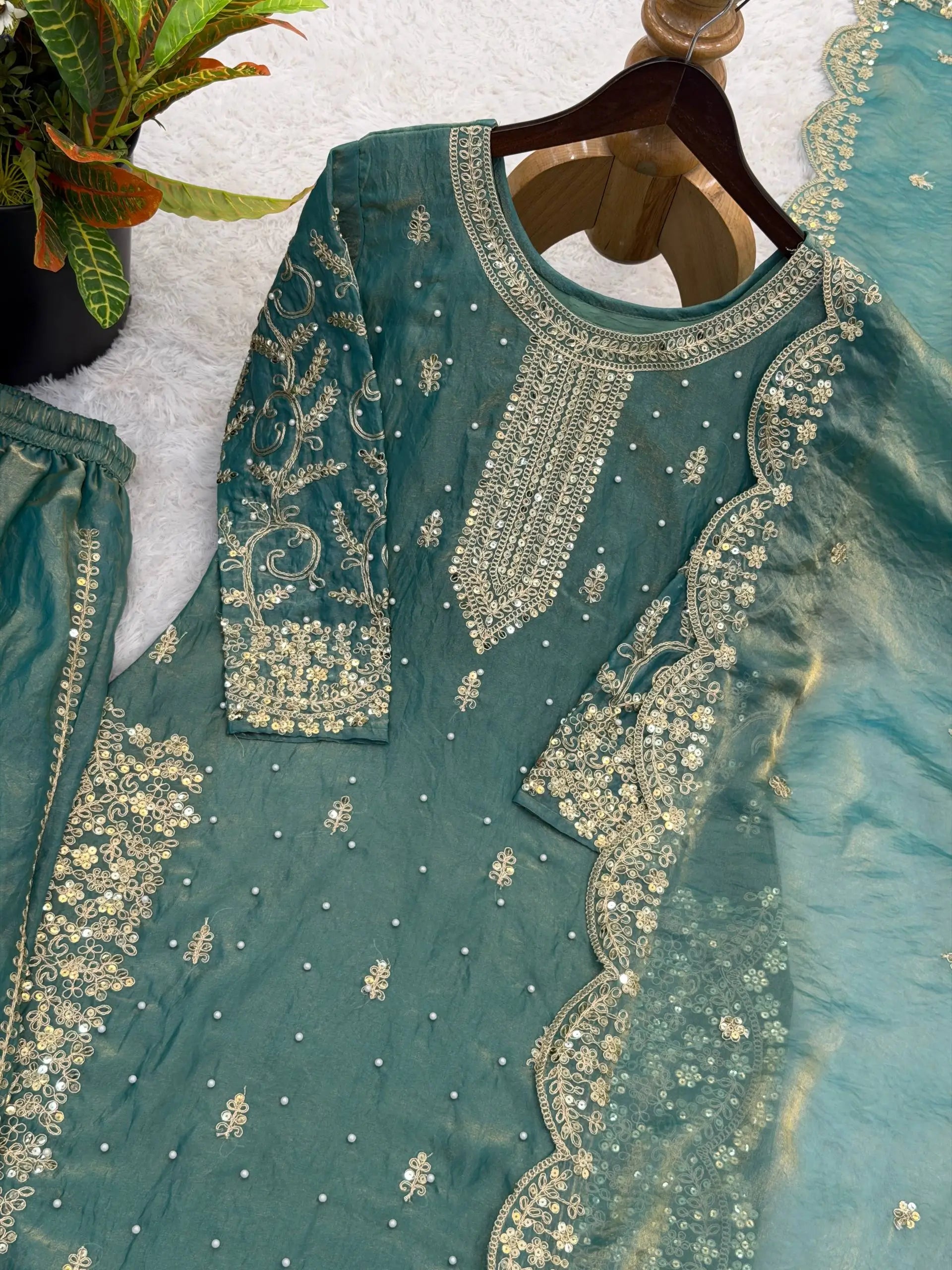 Designer Chinon Silk Embroidered Sharara Set