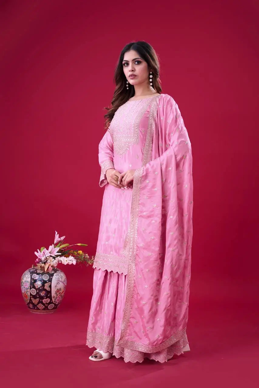 Designer Chinon Silk Embroidered Sharara Set