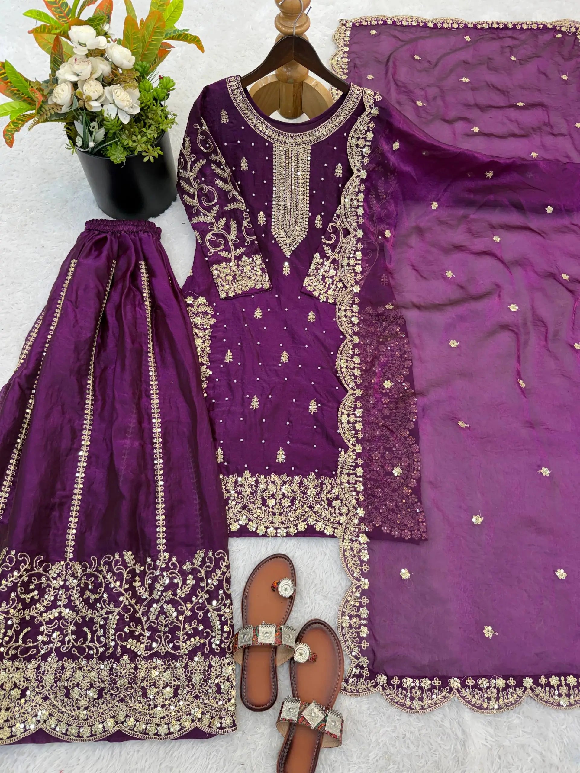 Designer Chinon Silk Embroidered Sharara Set