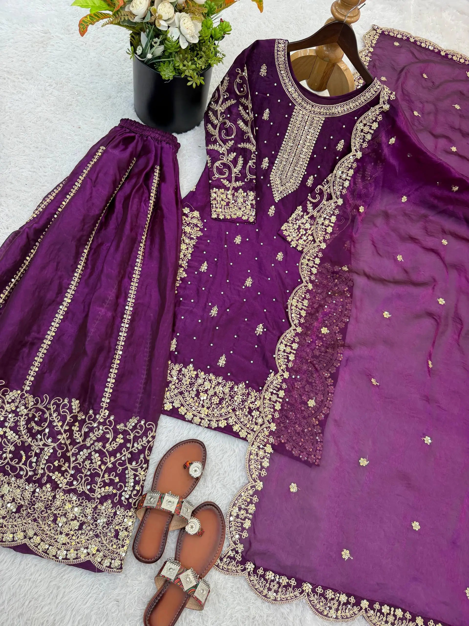 Designer Chinon Silk Embroidered Sharara Set