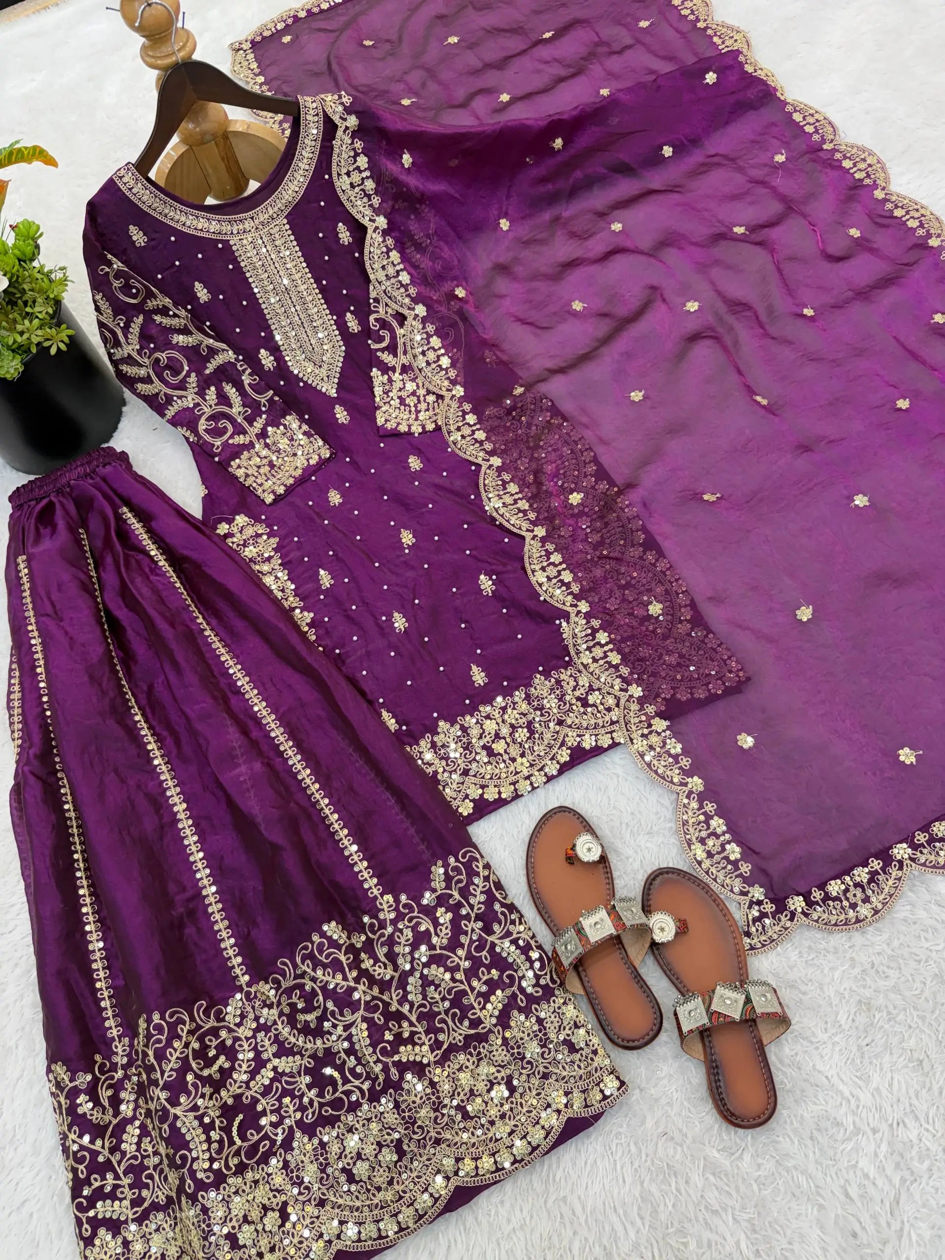 Designer Chinon Silk Embroidered Sharara Set