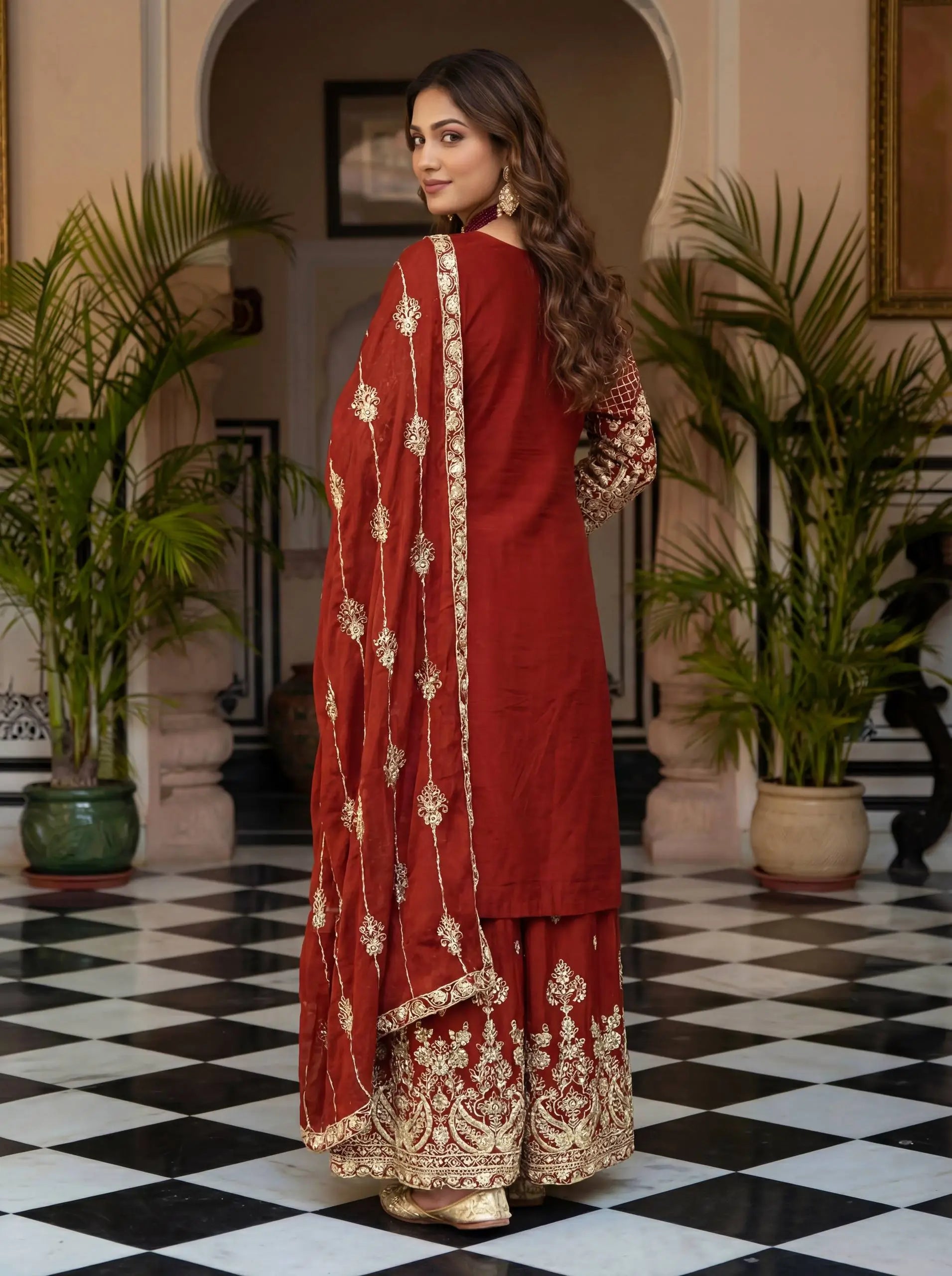 Designer Chinon Silk Embroidered Sharara Set