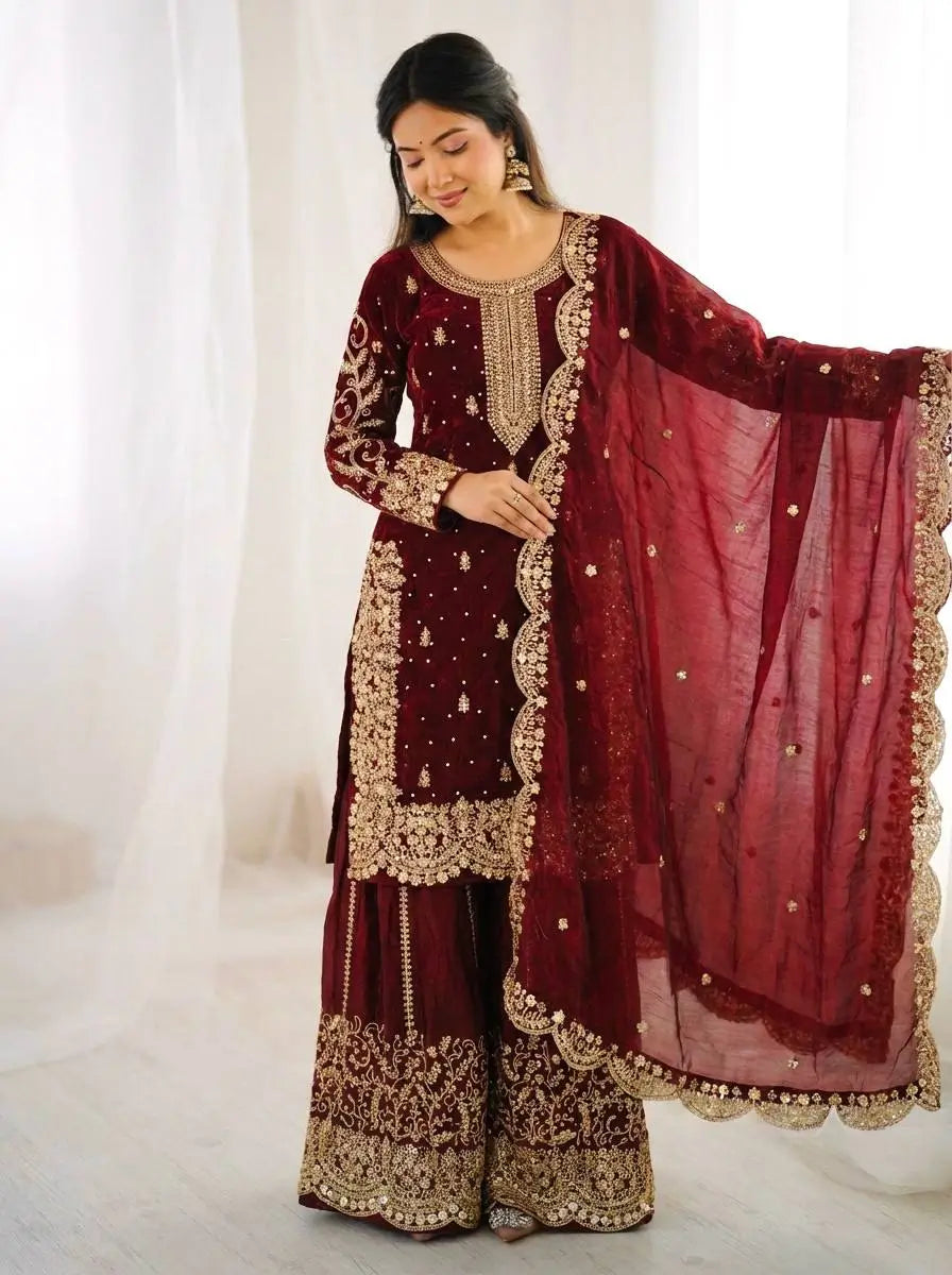 Designer Chinon Silk Embroidered Sharara Set