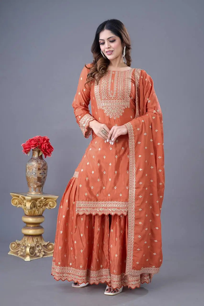 Designer Chinon Silk Embroidered Sharara Set