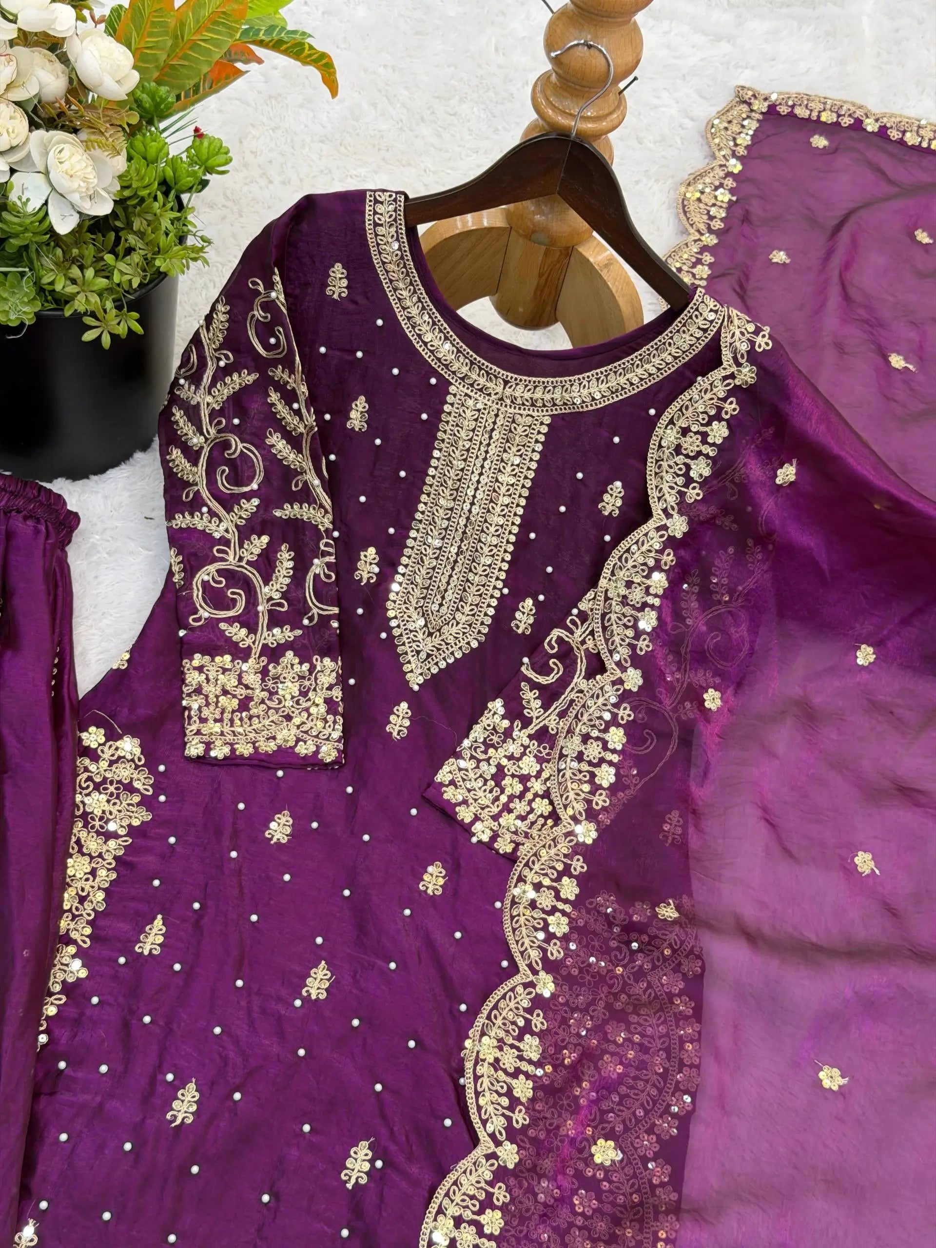 Designer Chinon Silk Embroidered Sharara Set
