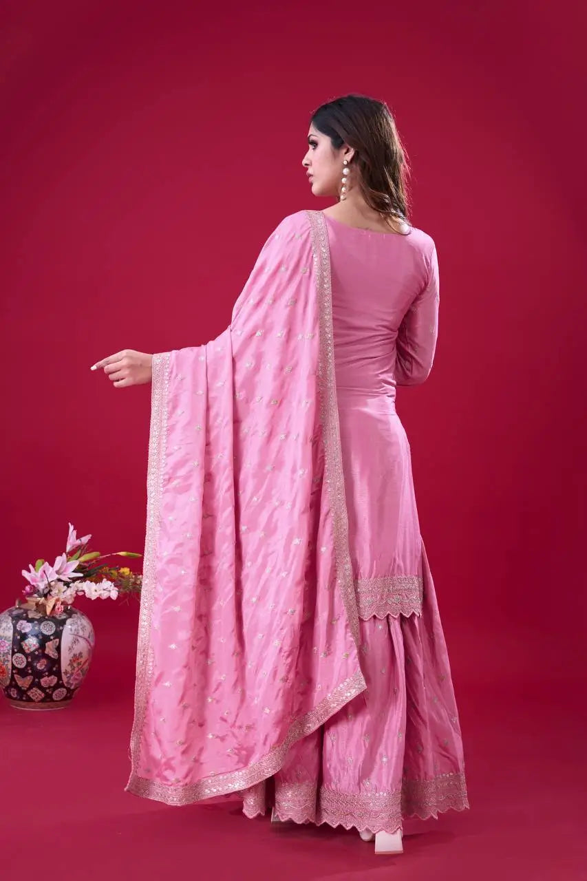 Designer Chinon Silk Embroidered Sharara Set