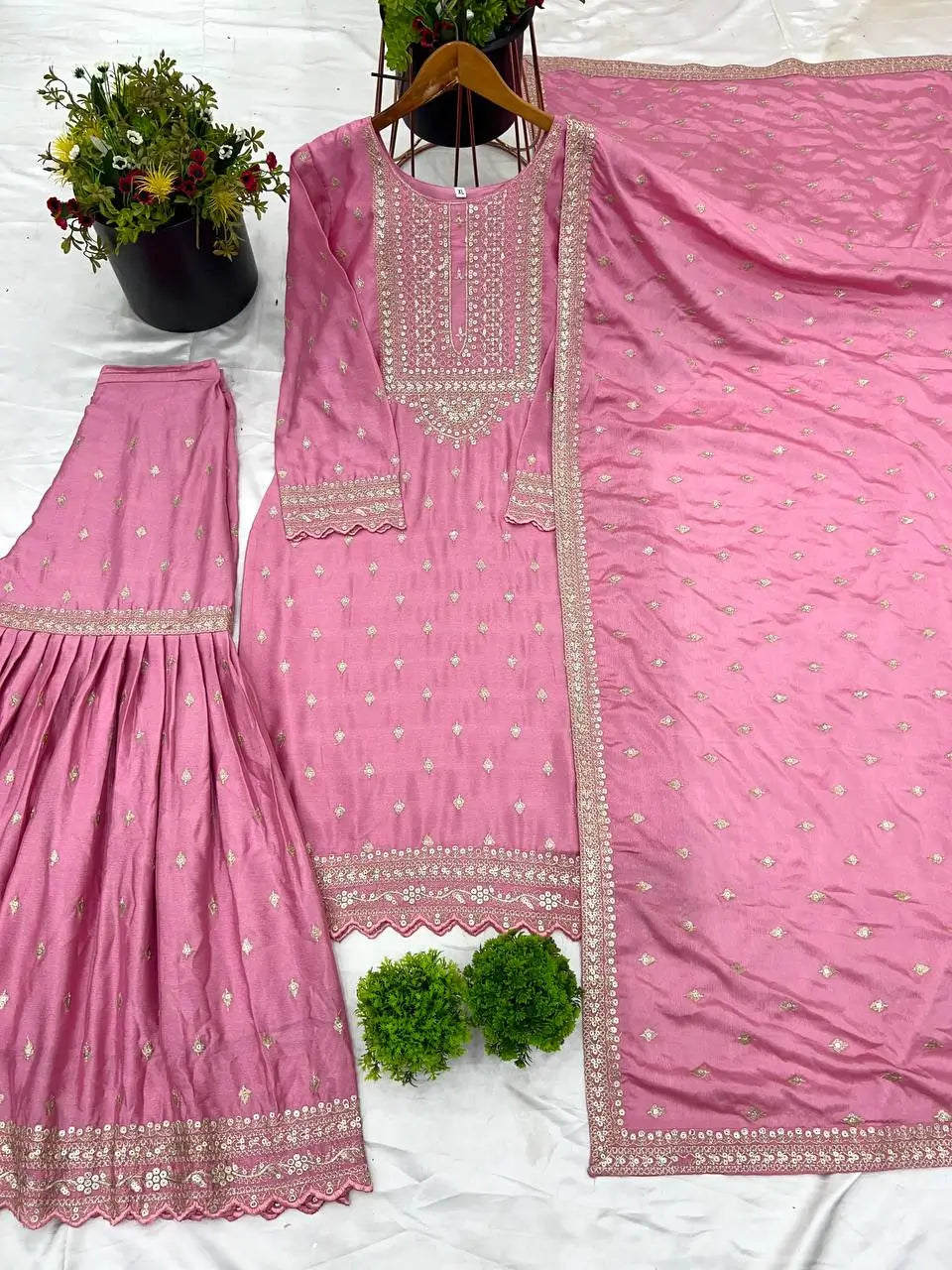 Designer Chinon Silk Embroidered Sharara Set