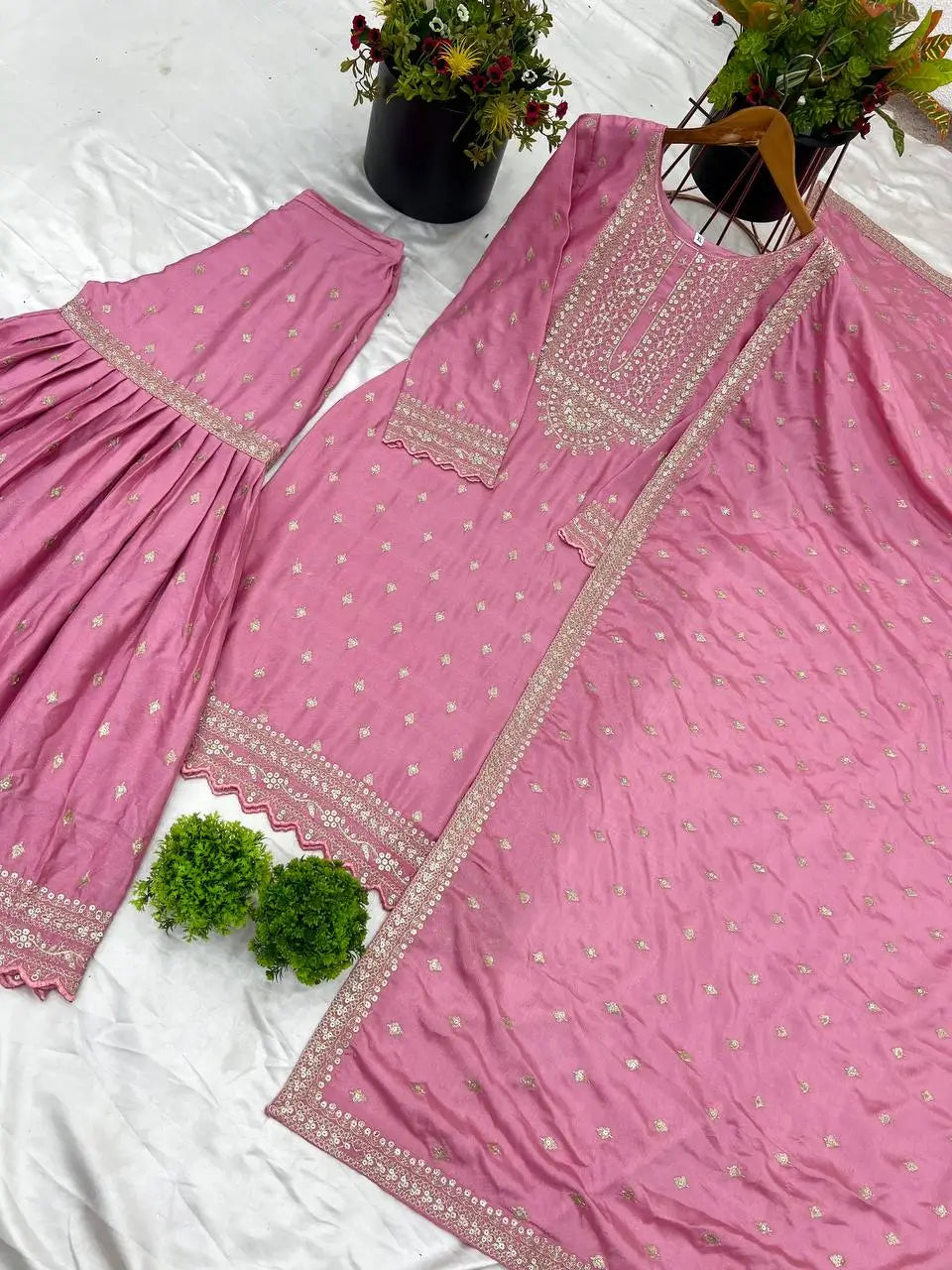 Designer Chinon Silk Embroidered Sharara Set
