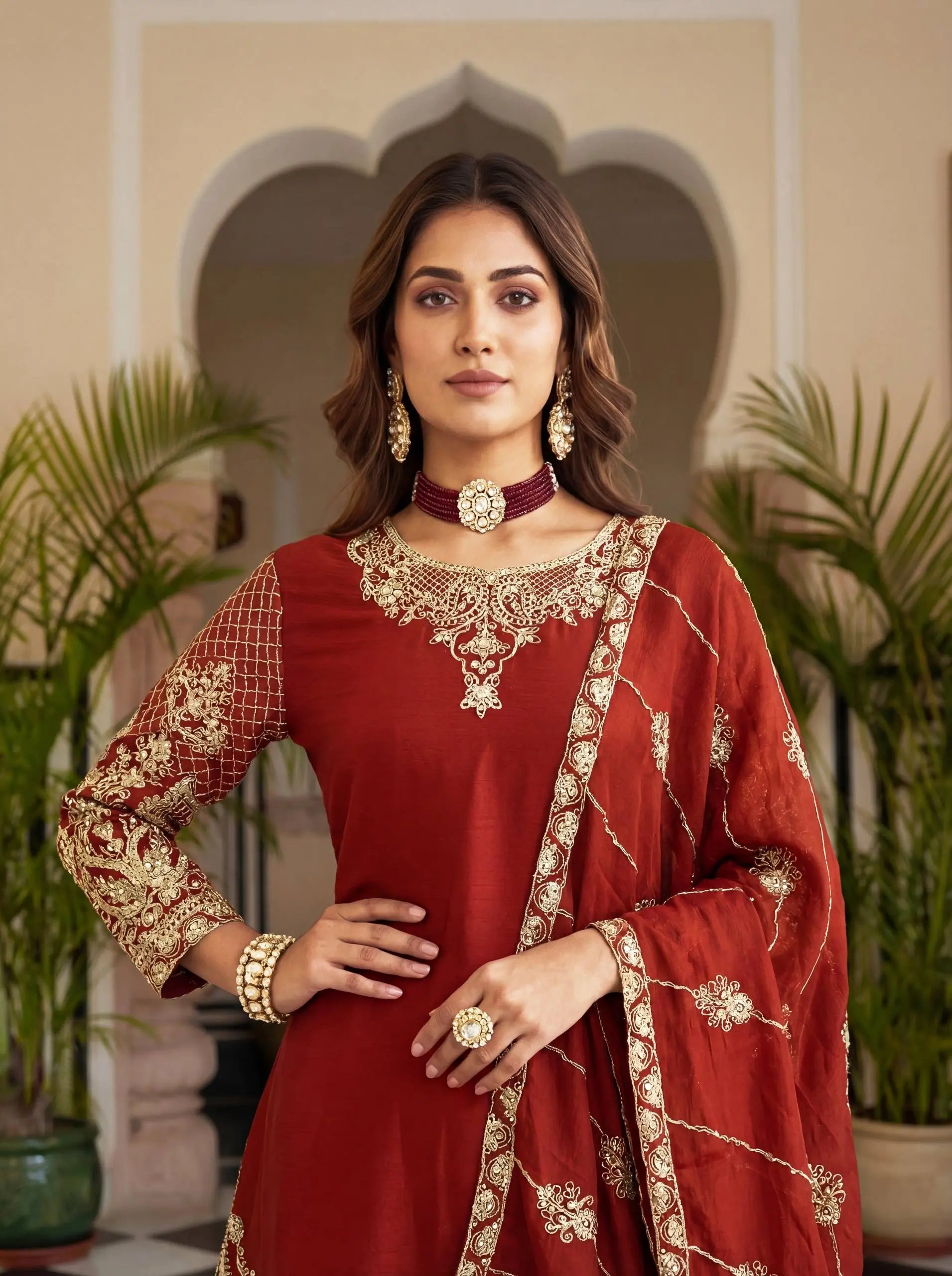 Designer Chinon Silk Embroidered Sharara Set