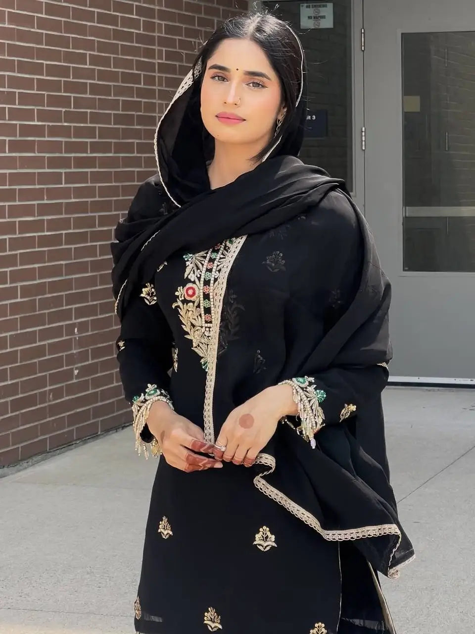 Designer Chinon Silk Embroidered Sharara Set