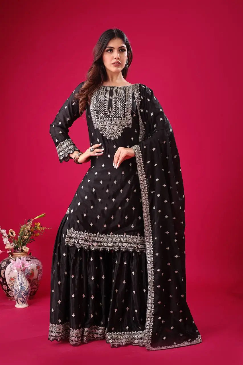 Designer Chinon Silk Embroidered Sharara Set