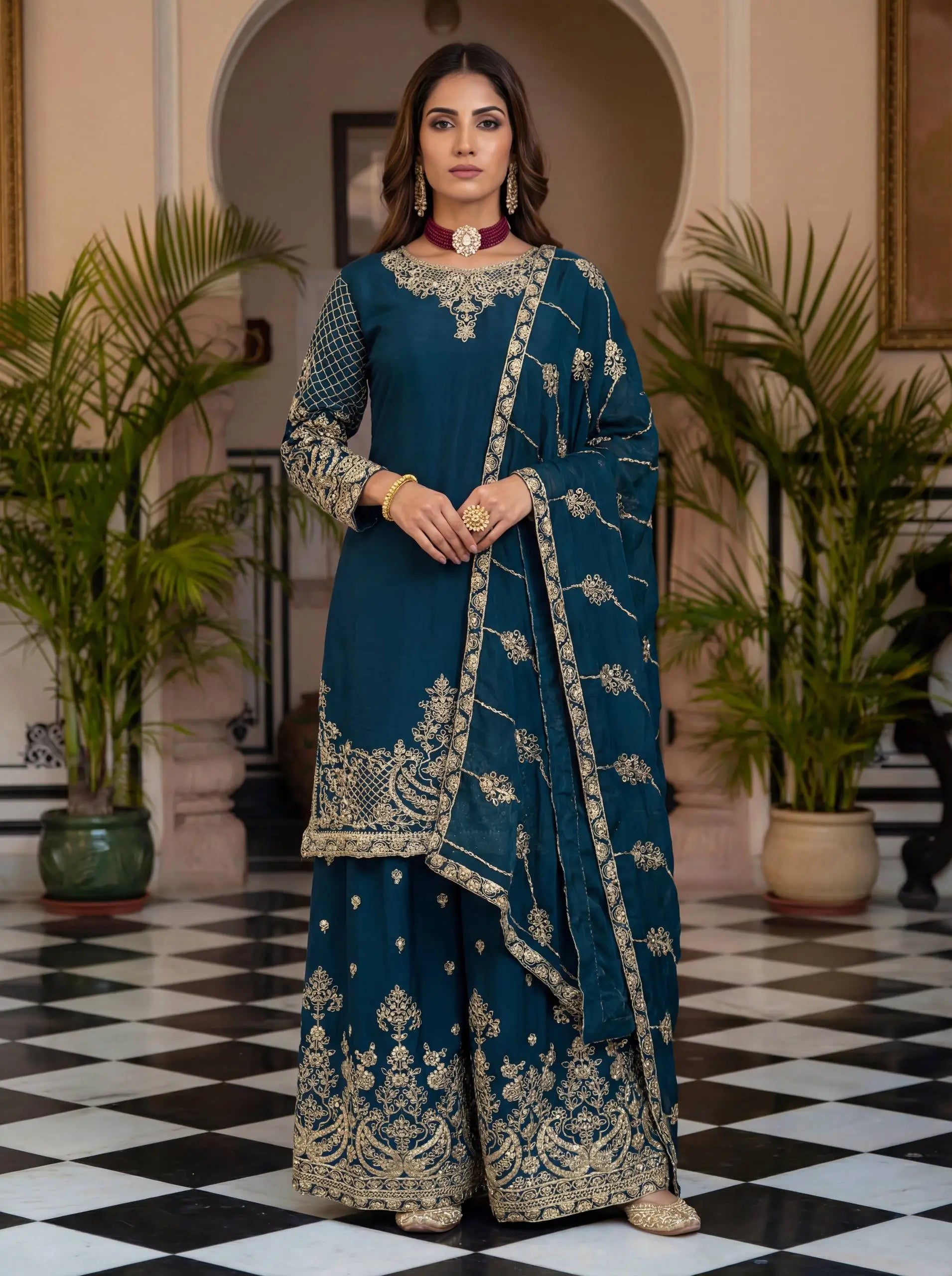 Designer Chinon Silk Embroidered Sharara Set
