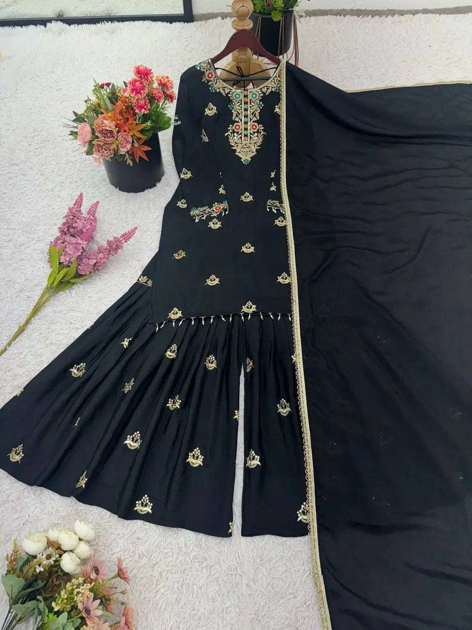 Designer Chinon Silk Embroidered Sharara Set
