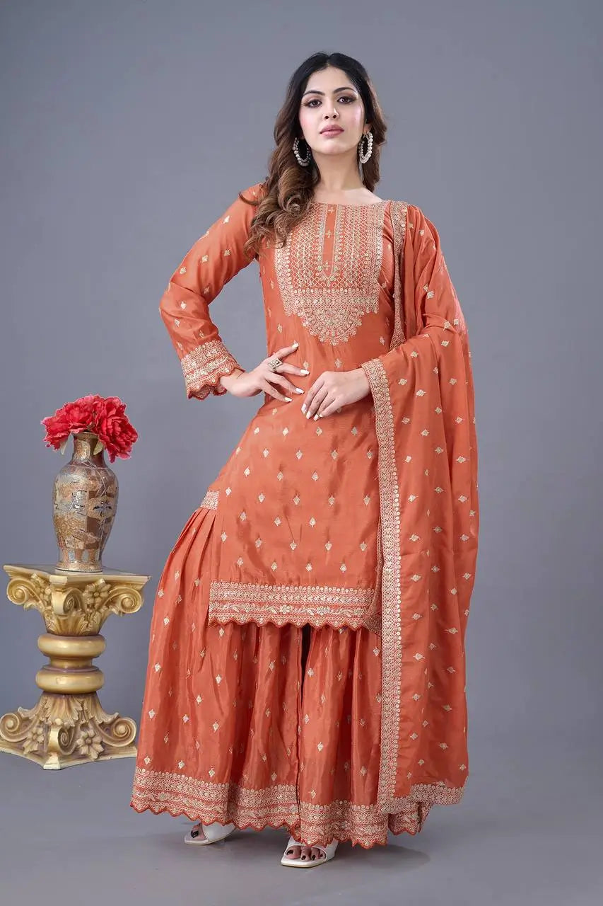 Designer Chinon Silk Embroidered Sharara Set