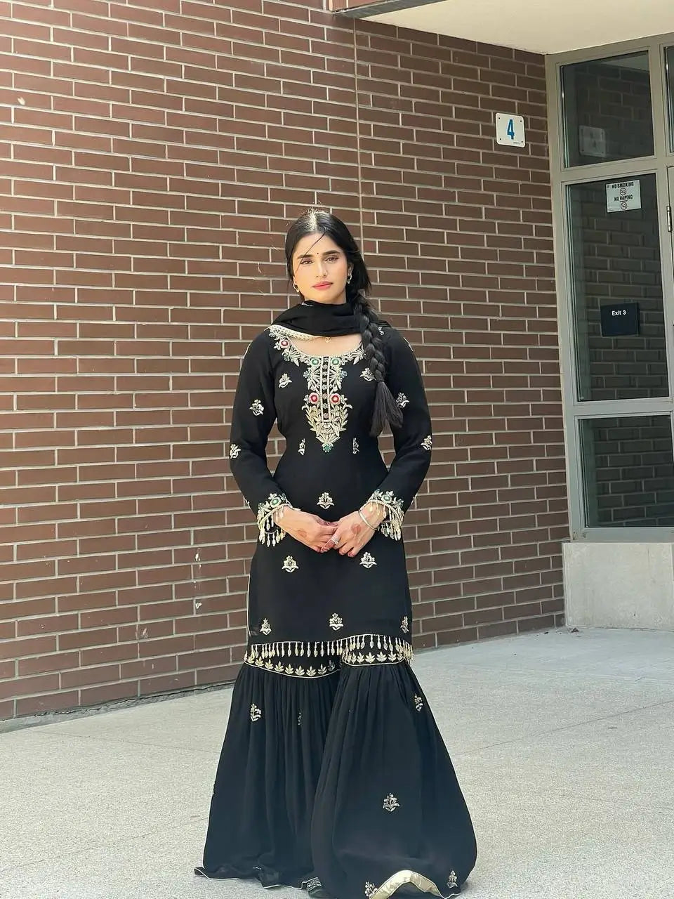 Designer Chinon Silk Embroidered Sharara Set