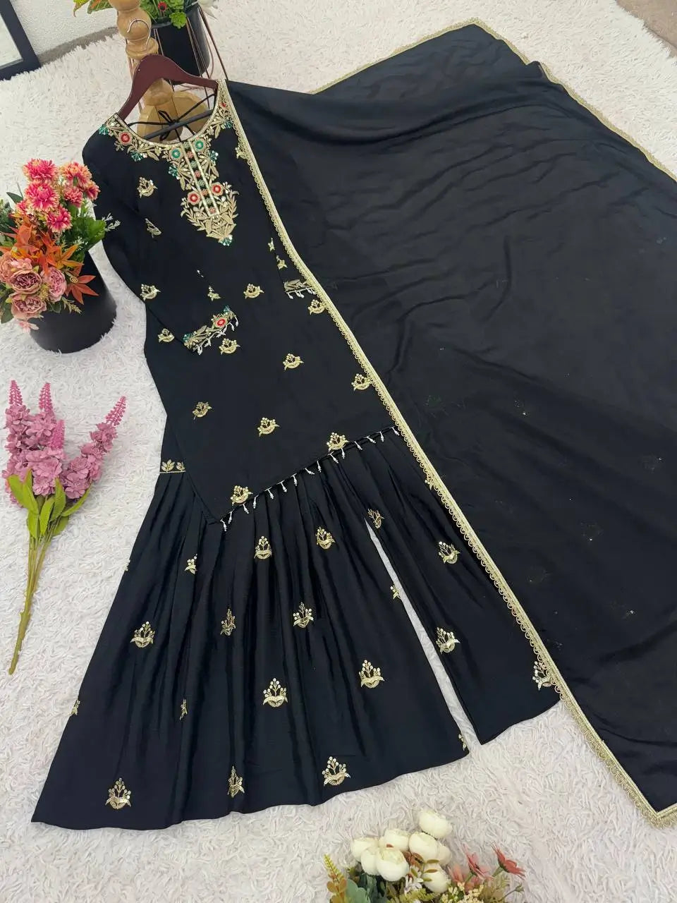 Designer Chinon Silk Embroidered Sharara Set
