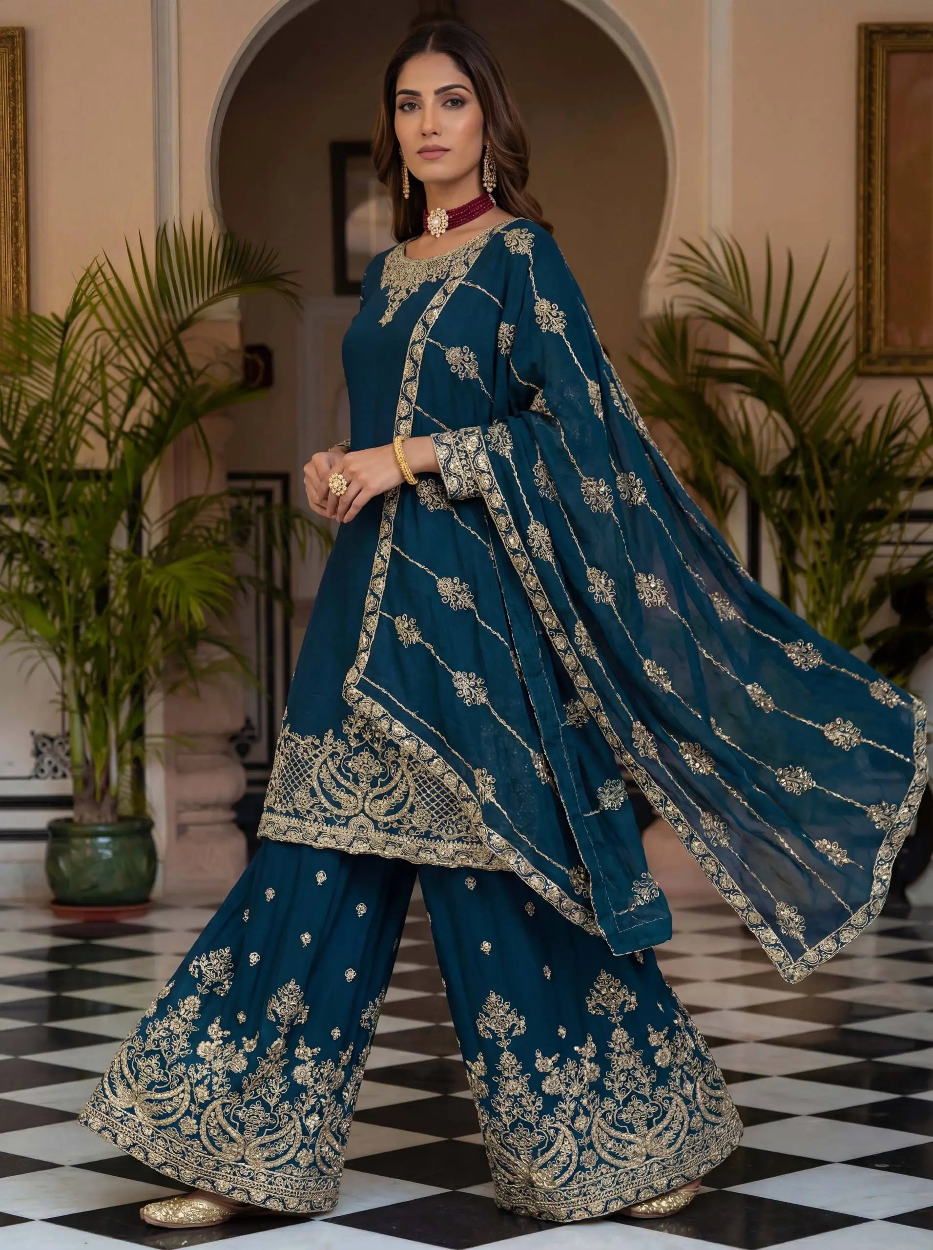 Designer Chinon Silk Embroidered Sharara Set