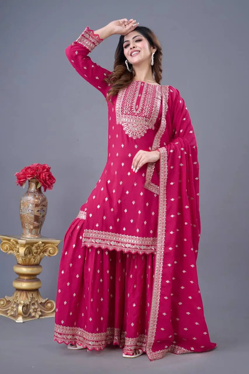 Designer Chinon Silk Embroidered Sharara Set