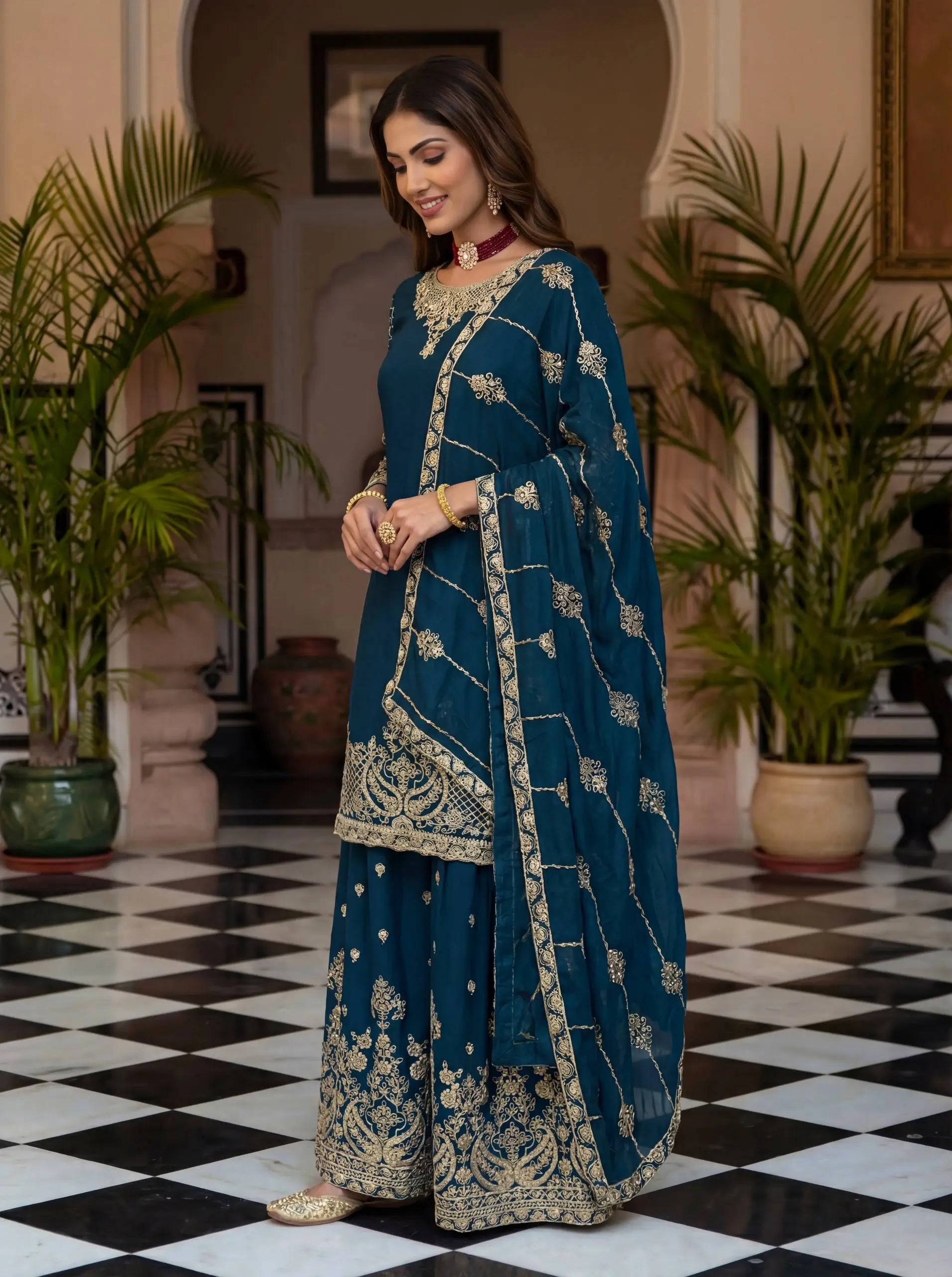 Designer Chinon Silk Embroidered Sharara Set