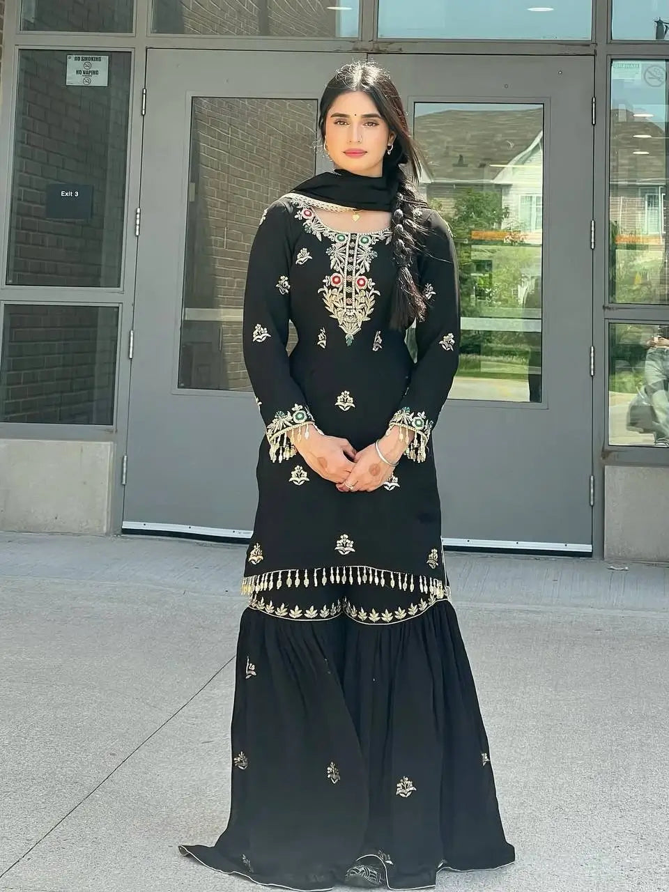 Designer Chinon Silk Embroidered Sharara Set