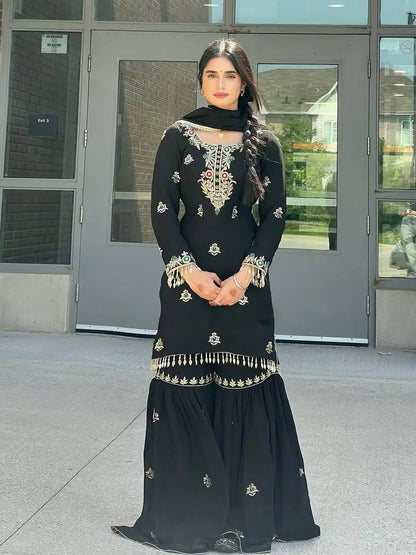 Designer Chinon Silk Embroidered Sharara Set