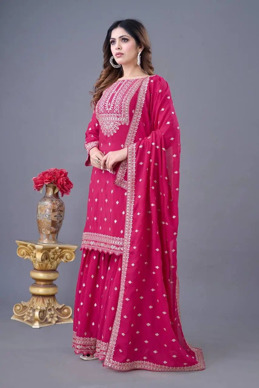 Designer Chinon Silk Embroidered Sharara Set