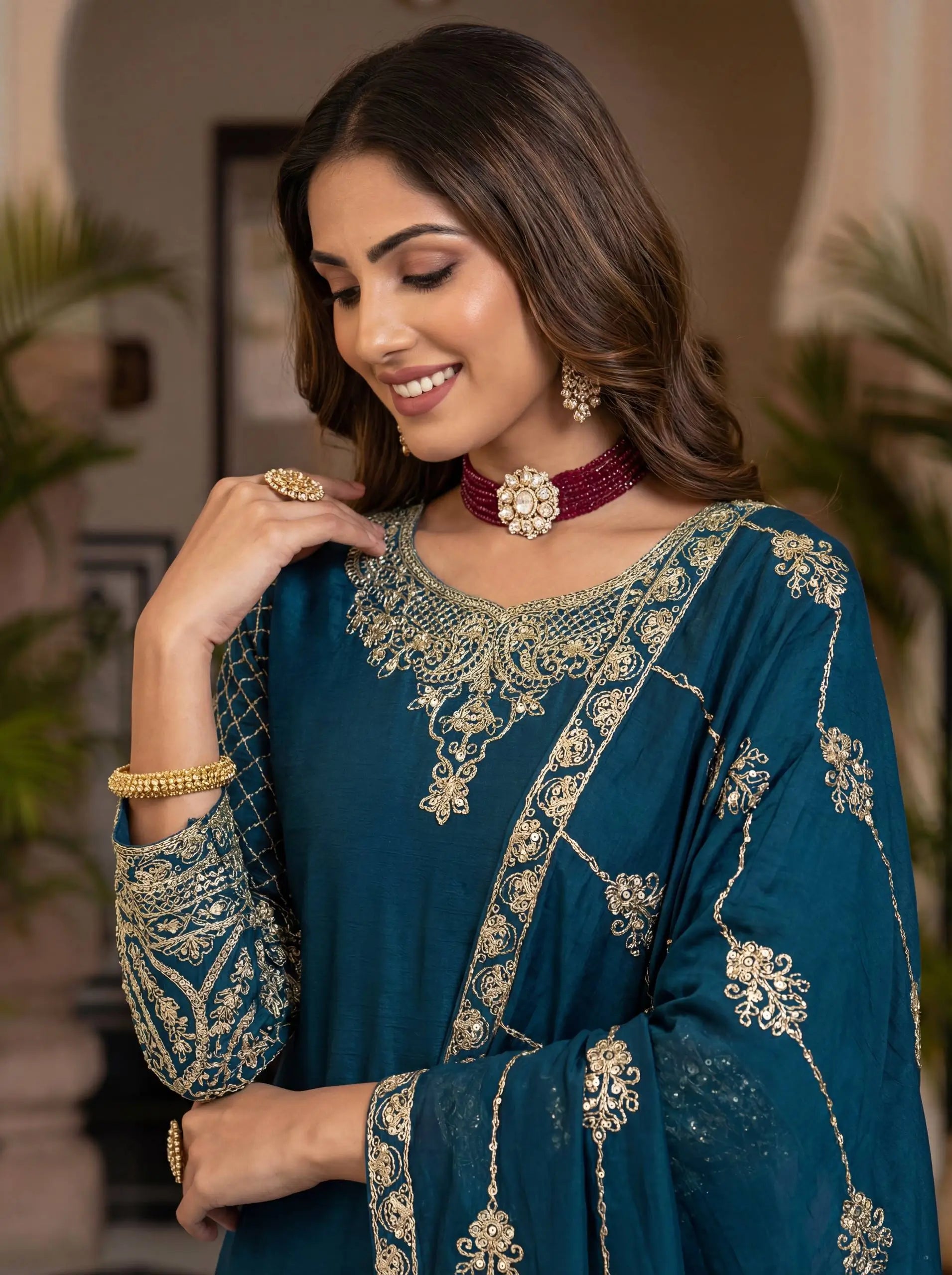 Designer Chinon Silk Embroidered Sharara Set