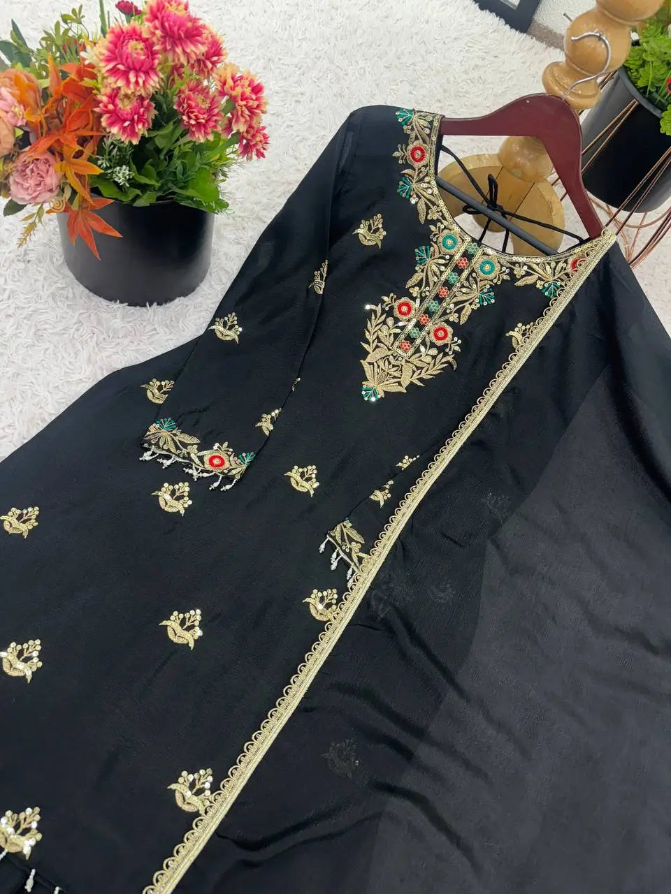 Designer Chinon Silk Embroidered Sharara Set
