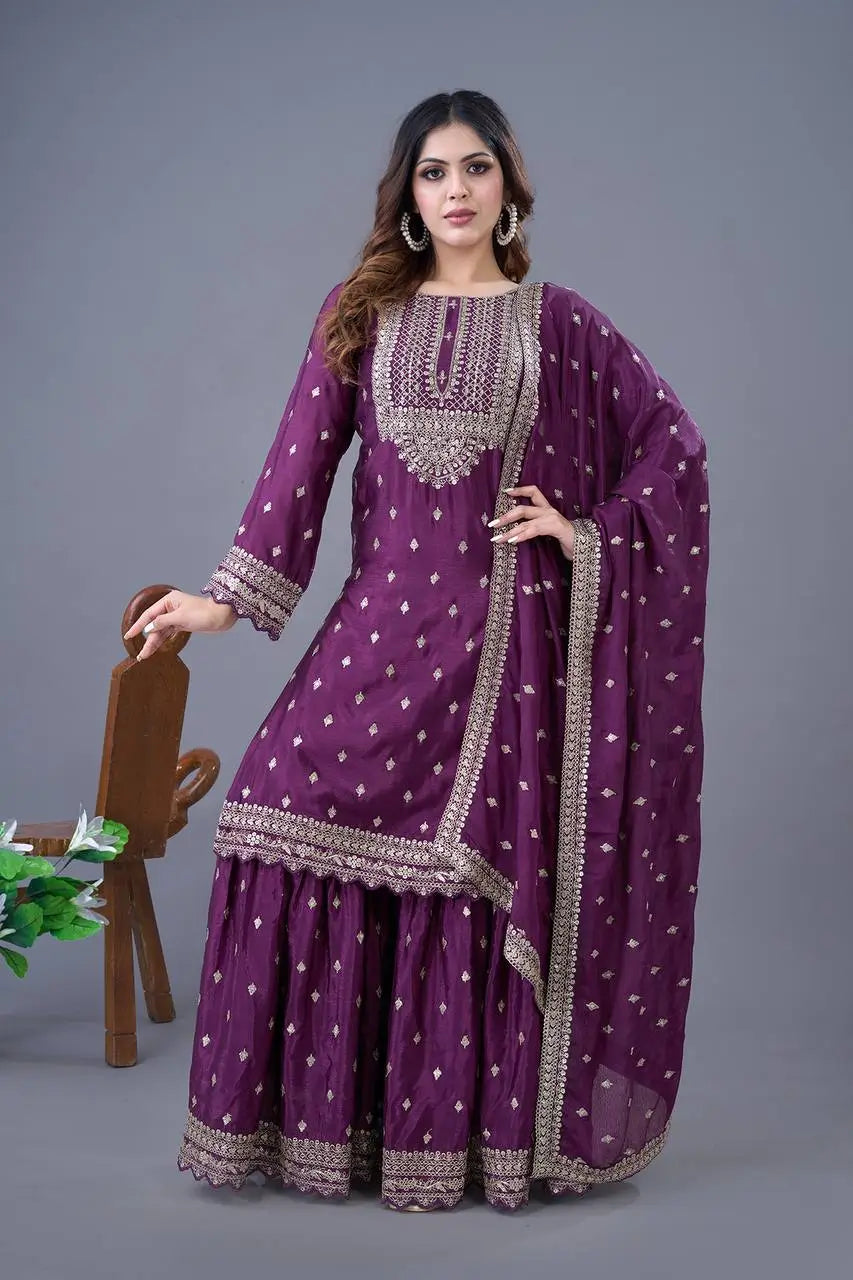 Designer Chinon Silk Embroidered Sharara Set
