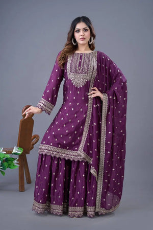 Designer Chinon Silk Embroidered Sharara Set