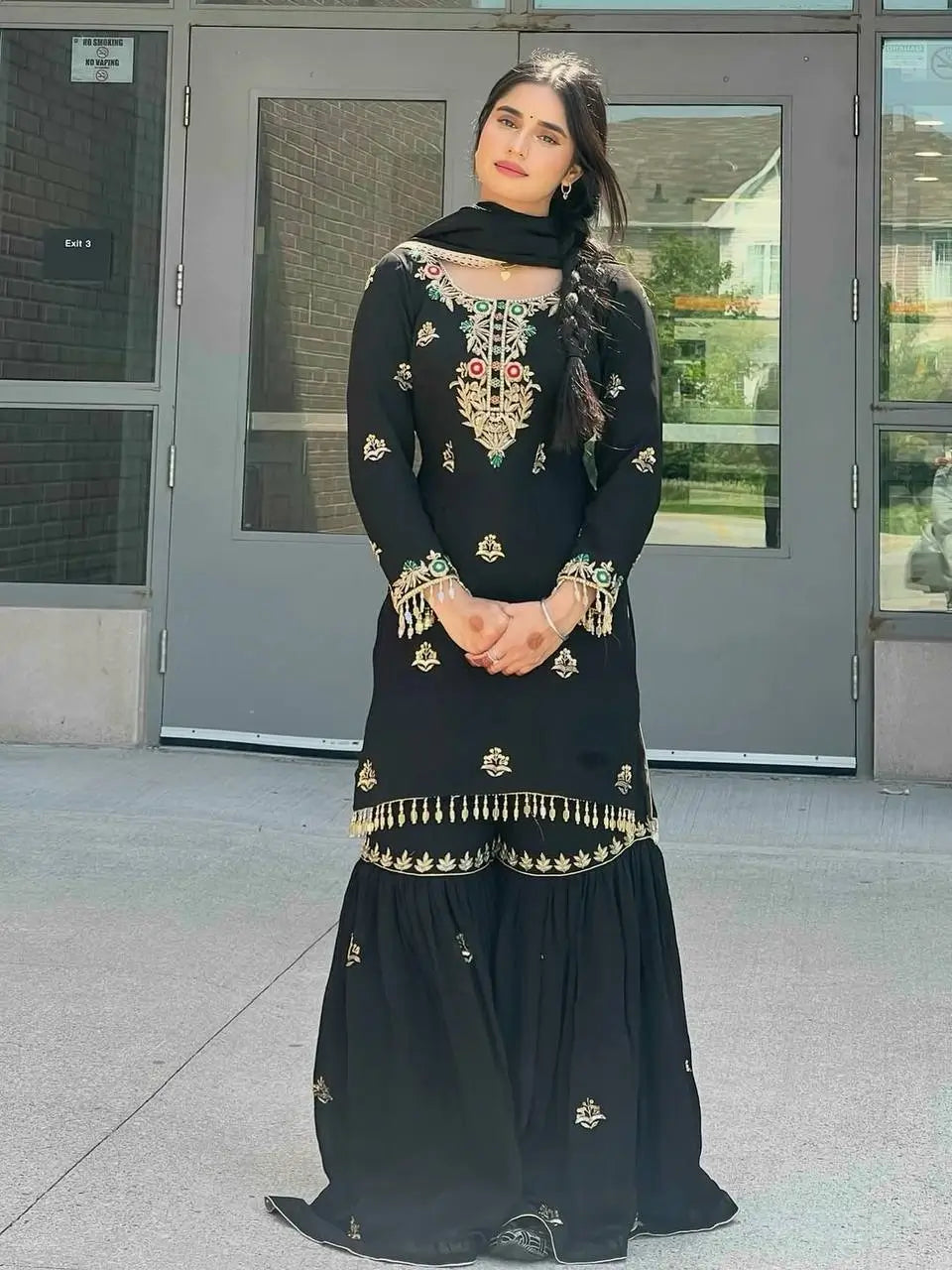 Designer Chinon Silk Embroidered Sharara Set