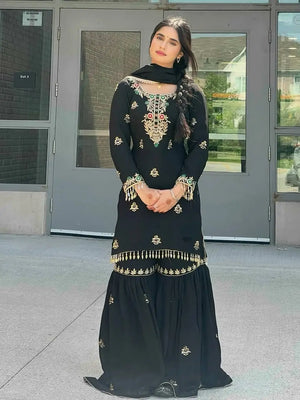 Designer Chinon Silk Embroidered Sharara Set