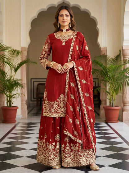 Designer Chinon Silk Embroidered Sharara Set