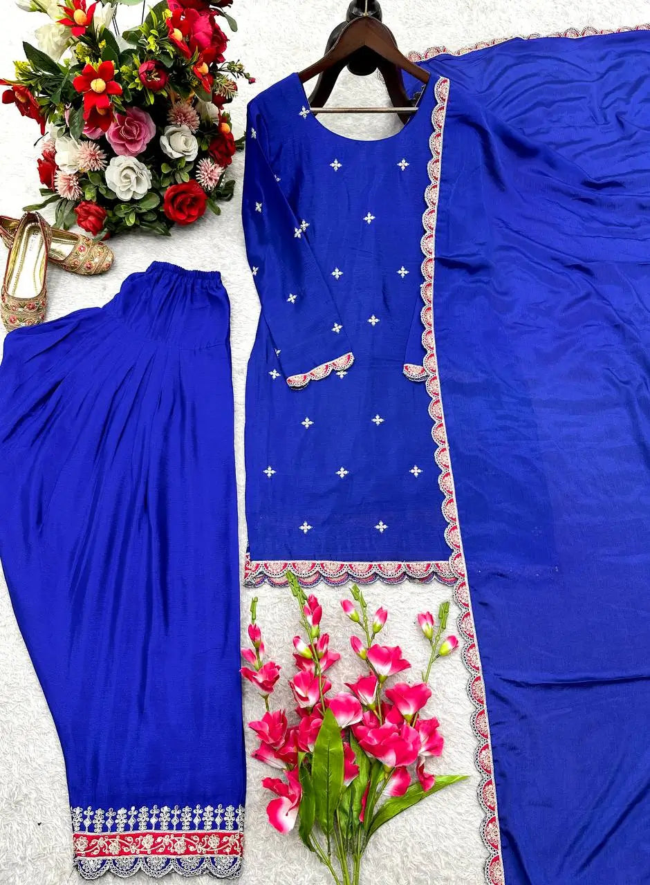 Designer Chinos Embroidered Top with Farshi Palazzo and Dupatta Set