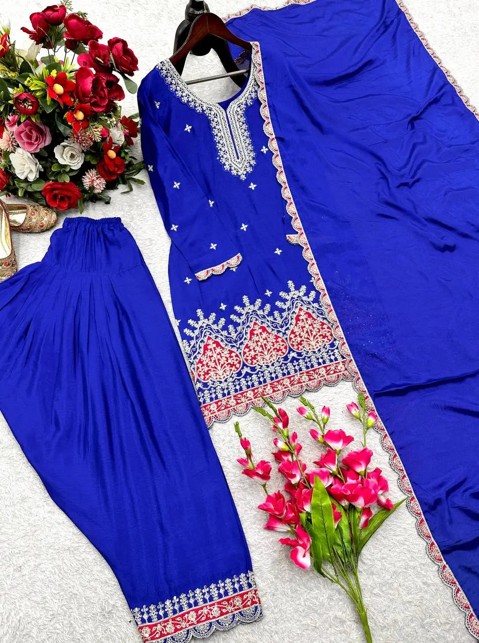 Designer Chinos Embroidered Top with Farshi Palazzo and Dupatta Set