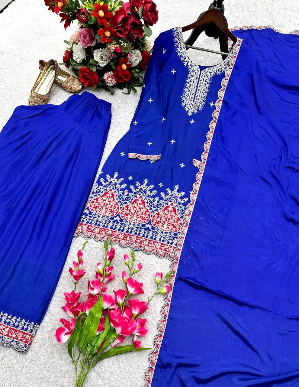 Designer Chinos Embroidered Top with Farshi Palazzo and Dupatta Set