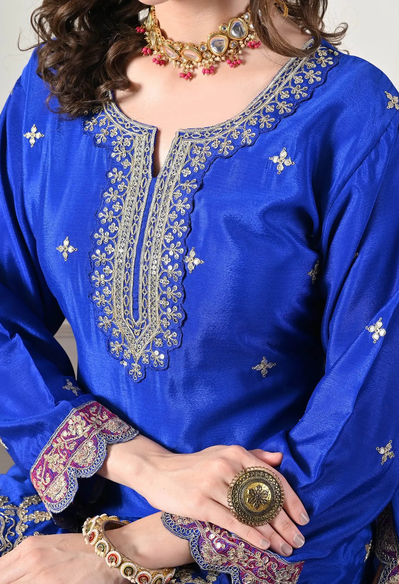 Designer Chinos Embroidered Top with Farshi Palazzo and Dupatta Set